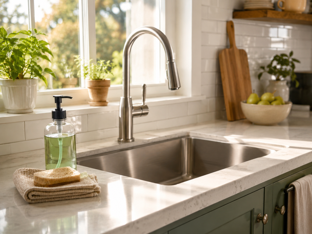 Clean kitchen sink with dish soap down the drain maintenance idea